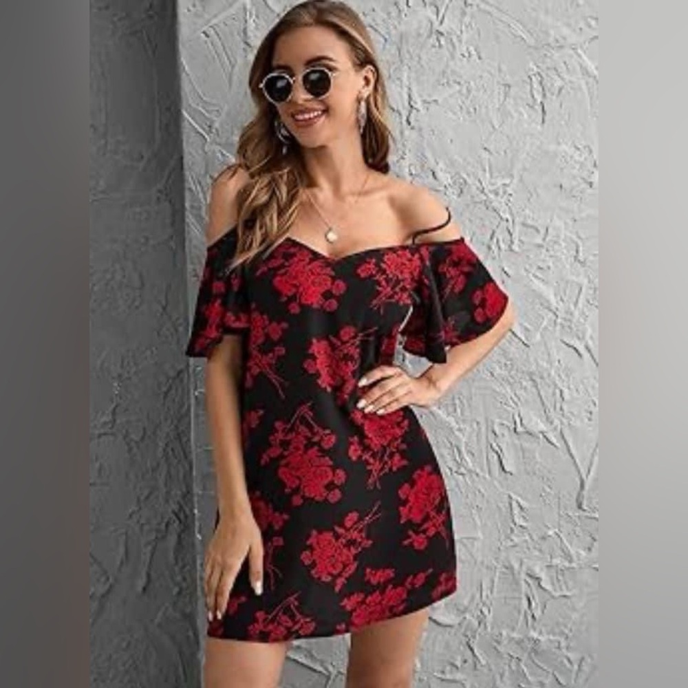 Red and Black Cold Shoulder Dress